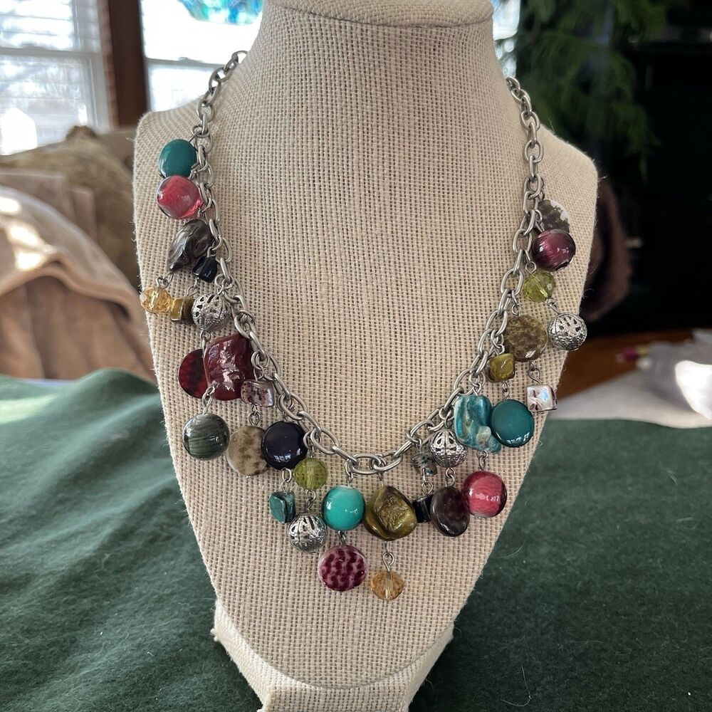 Erica Lyons Necklace Chunky Blue Green Red Variegated Colors 19" Adjustable
